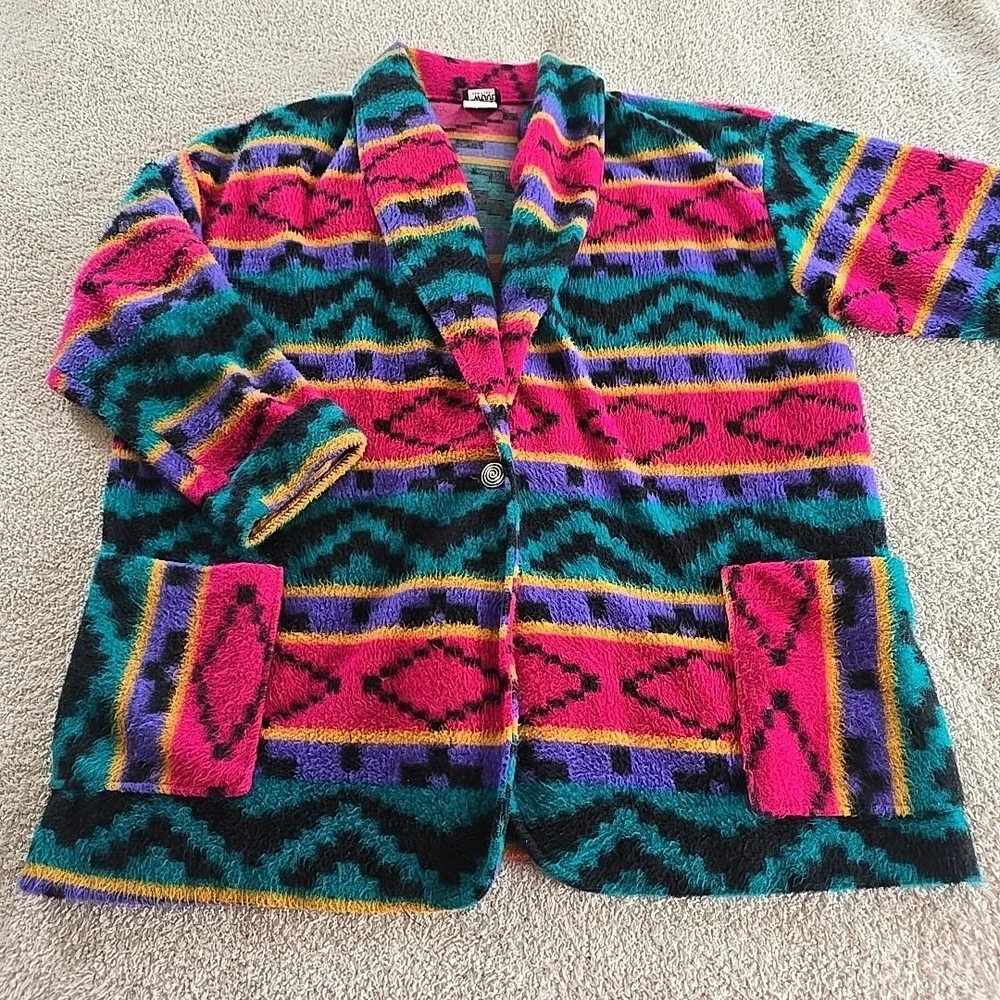 Vintage 90's Loom Wear Aztec Fleece Blazer Jacket Oversized USA Pockets Colorful